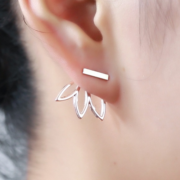 Silver Bar Stud w/Lotus Flower Jacket Earrings - Picture 4 of 8